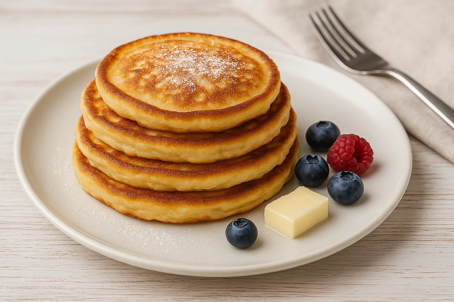 Goldbraune Quarkeierkuchen gestapelt auf weißem Teller mit etwas Puderzucker und Beeren, auf hellem Holzhintergrund.