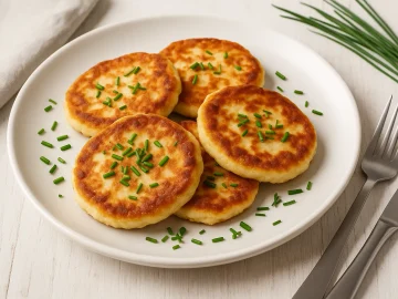 Goldbraun gebratene Quarkpuffer auf weißem Teller, mit frischem Schnittlauch bestreut