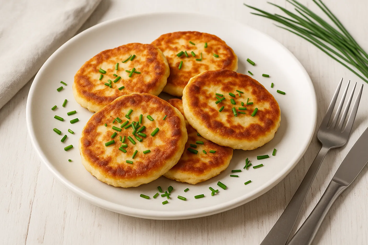 Goldbraun gebratene Quarkpuffer auf weißem Teller, mit frischem Schnittlauch bestreut