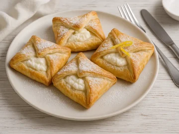 Frische Quarktaschen aus Blätterteig auf weißem Teller, bestäubt mit Puderzucker und dekoriert mit Zitronenzeste