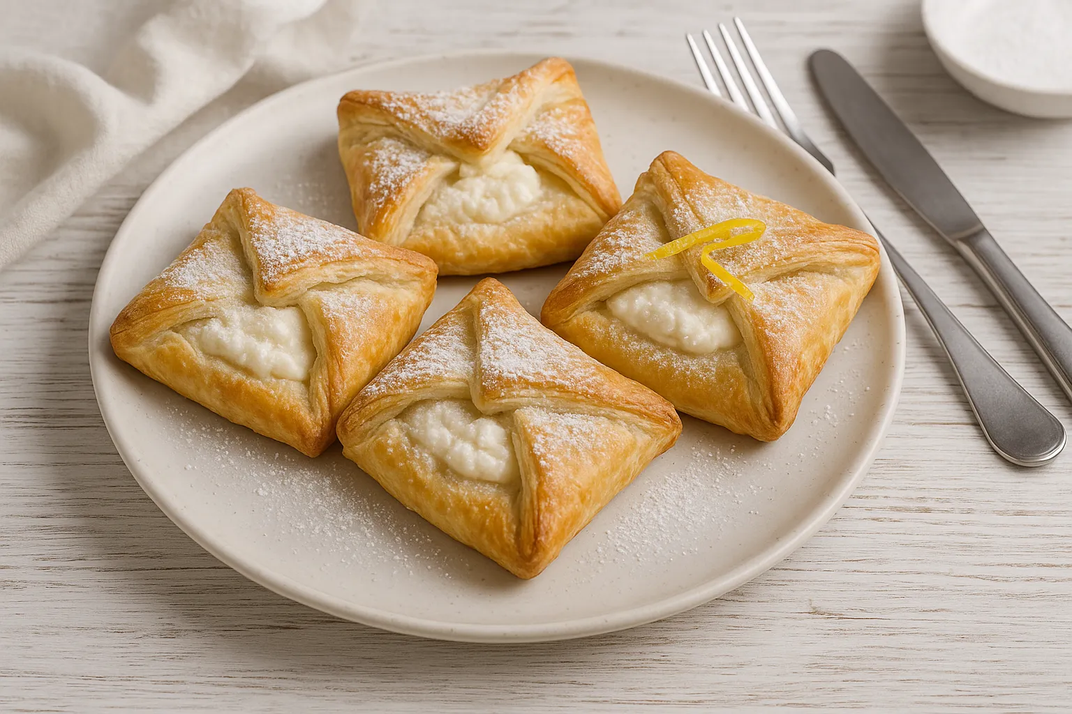 Frische Quarktaschen aus Blätterteig auf weißem Teller, bestäubt mit Puderzucker und dekoriert mit Zitronenzeste