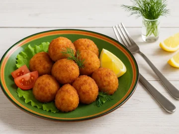 Breiter Teller mit goldbraunen Räucherfischbällchen, Zitronenspalten und frischen Kräutern auf weißem Holztisch, dekorativ serviert.