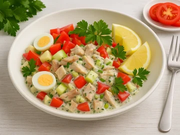 Räucherfischgedicht mit Räucherfischstücken, Ei, Tomaten, Apfel und Kräutern in cremigem Dressing