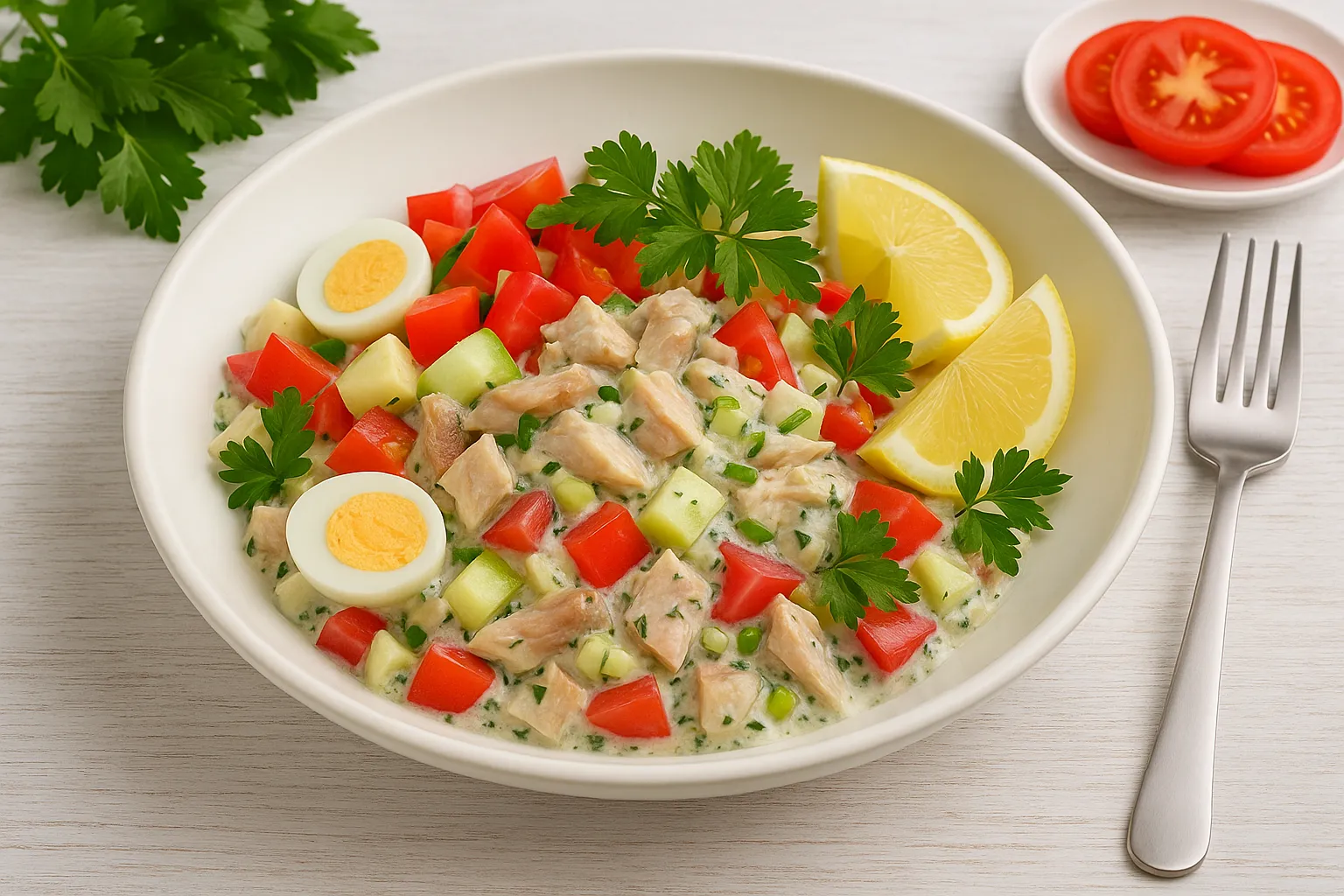 Räucherfischgedicht mit Räucherfischstücken, Ei, Tomaten, Apfel und Kräutern in cremigem Dressing