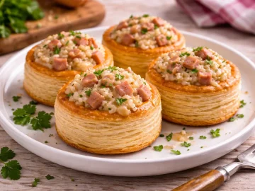 Blätterteigpastetchen gefüllt mit Reis und Jagdwurst in cremiger Soße auf Holztisch