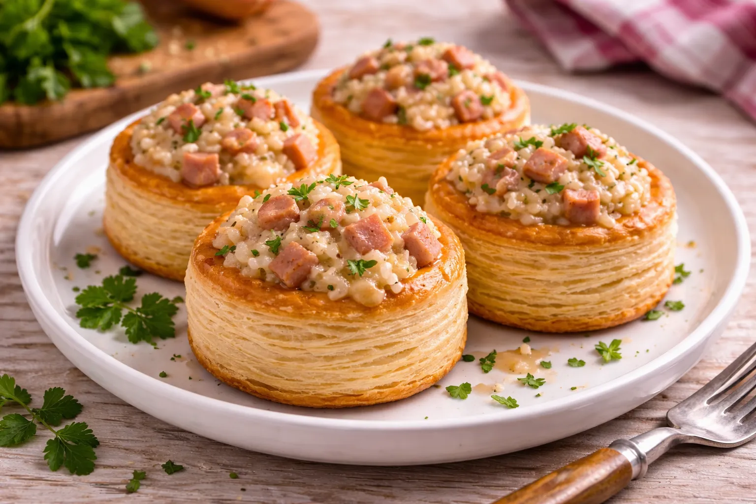 Blätterteigpastetchen gefüllt mit Reis und Jagdwurst in cremiger Soße auf Holztisch