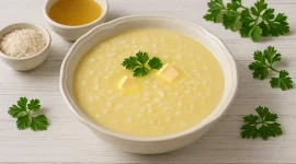 Cremige Reissuppe in heller Suppenschüssel auf weißem Holzhintergrund