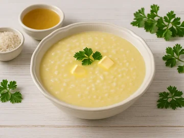 Cremige Reissuppe in heller Suppenschüssel auf weißem Holzhintergrund