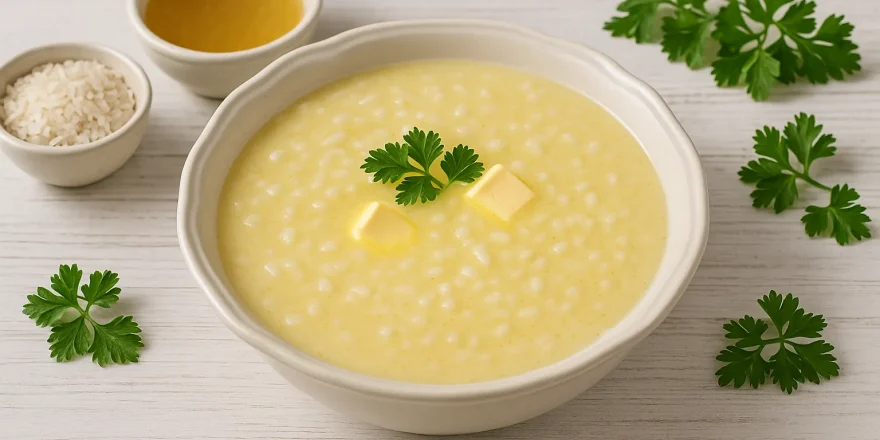 Cremige Reissuppe in heller Suppenschüssel auf weißem Holzhintergrund