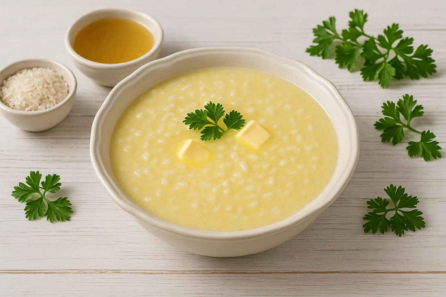 Cremige Reissuppe in heller Suppenschüssel auf weißem Holzhintergrund