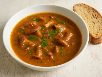 Reizkersuppe mit Speck, Zwiebeln und Kräutern in weißer Schüssel, serviert mit Bauernbrot auf weißem Holztisch