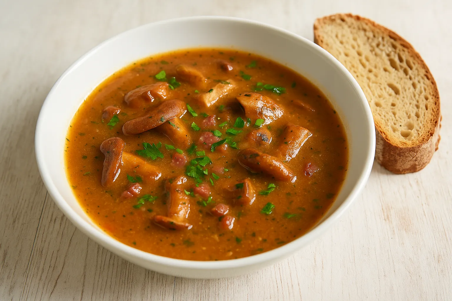 Reizkersuppe mit Speck, Zwiebeln und Kräutern in weißer Schüssel, serviert mit Bauernbrot auf weißem Holztisch