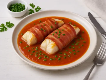 Rigaer Fischschnitten mit Speck und Tomatensoße, garniert mit Schnittlauch, serviert auf weißem Teller