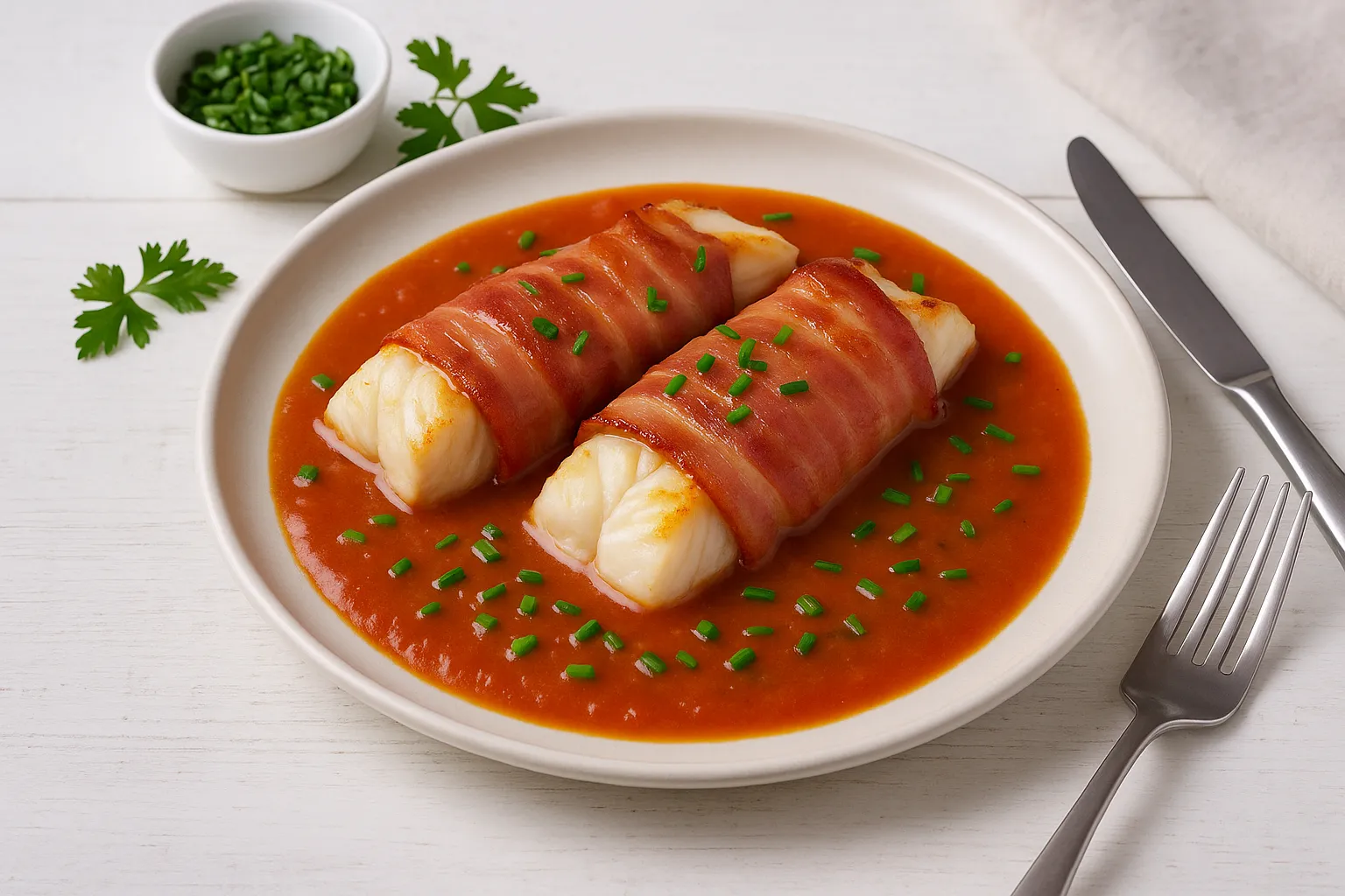 Rigaer Fischschnitten mit Speck und Tomatensoße, garniert mit Schnittlauch, serviert auf weißem Teller