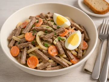 Rindfleischsalat mit Rindfleischscheiben, Möhren, Zwiebeln und Mayonnaise in einer weißen Schüssel serviert