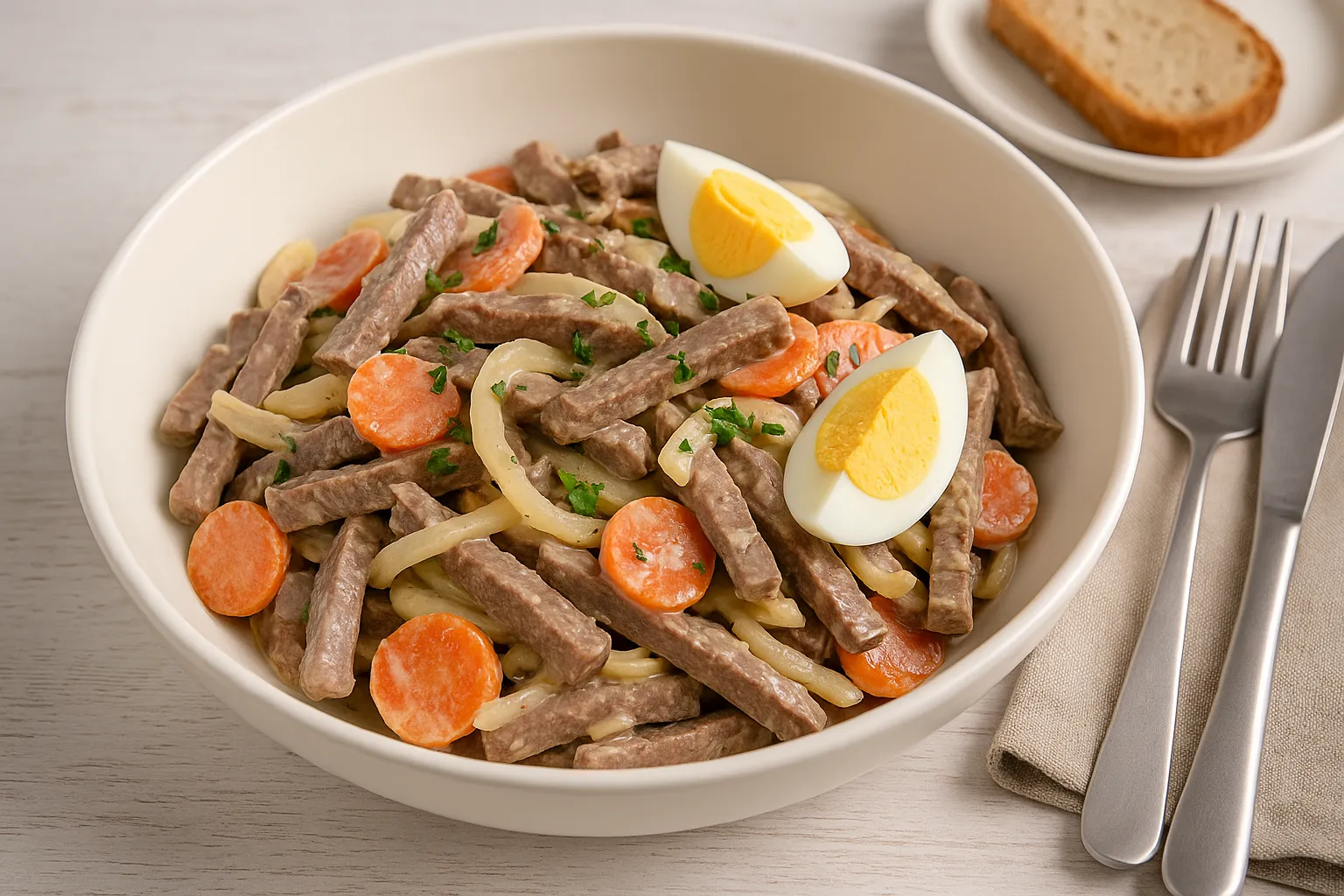 Rindfleischsalat mit Rindfleischscheiben, Möhren, Zwiebeln und Mayonnaise in einer weißen Schüssel serviert