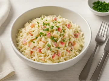 Roher Selleriesalat mit Sellerie, Äpfeln, Paprika und cremigem Dressing in weißer Schüssel serviert