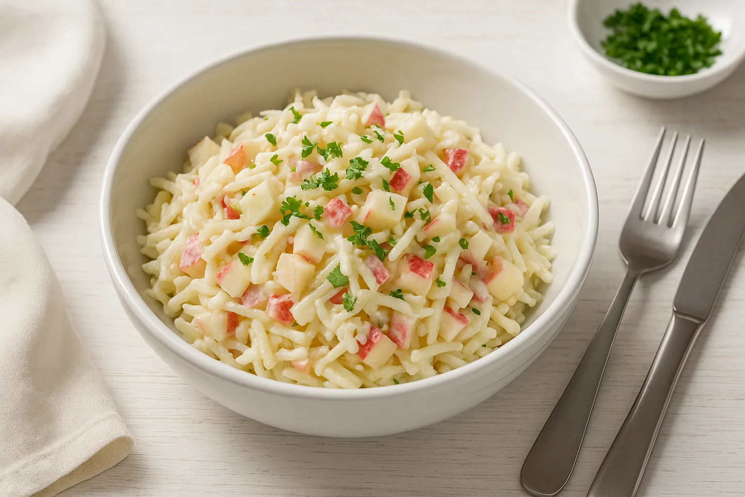 Roher Selleriesalat mit Sellerie, Äpfeln, Paprika und cremigem Dressing in weißer Schüssel serviert