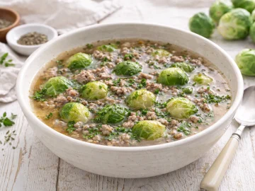 Rosenkohl-Hackfleisch-Suppe in weißer Suppenschüssel
