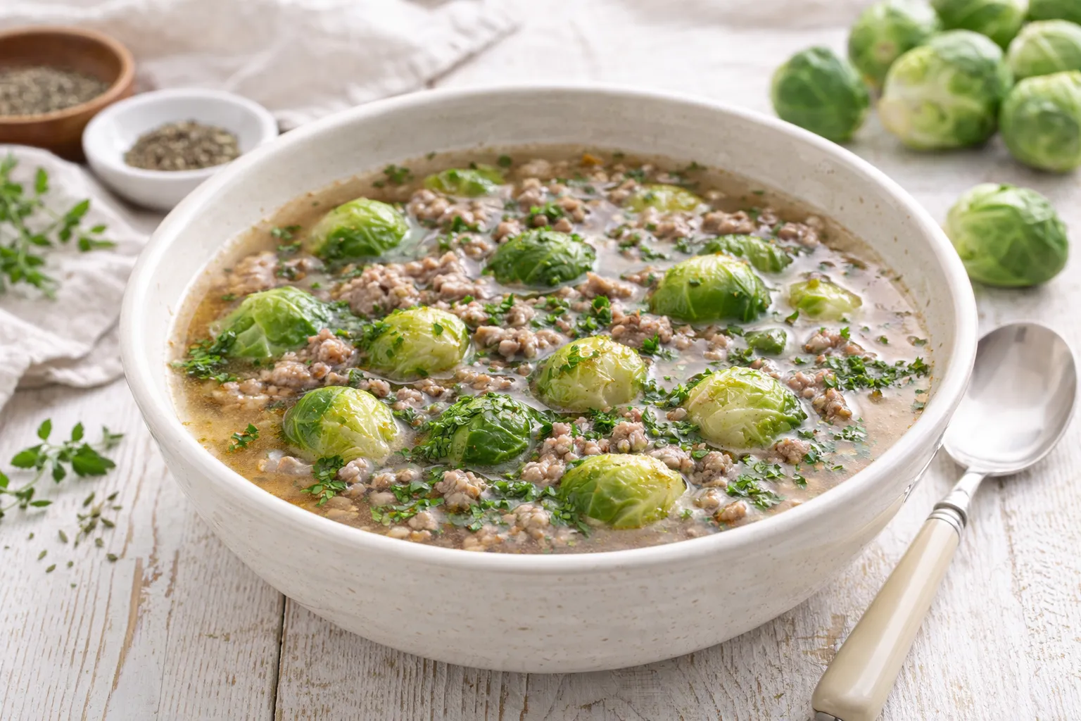 Rosenkohl-Hackfleisch-Suppe in weißer Suppenschüssel