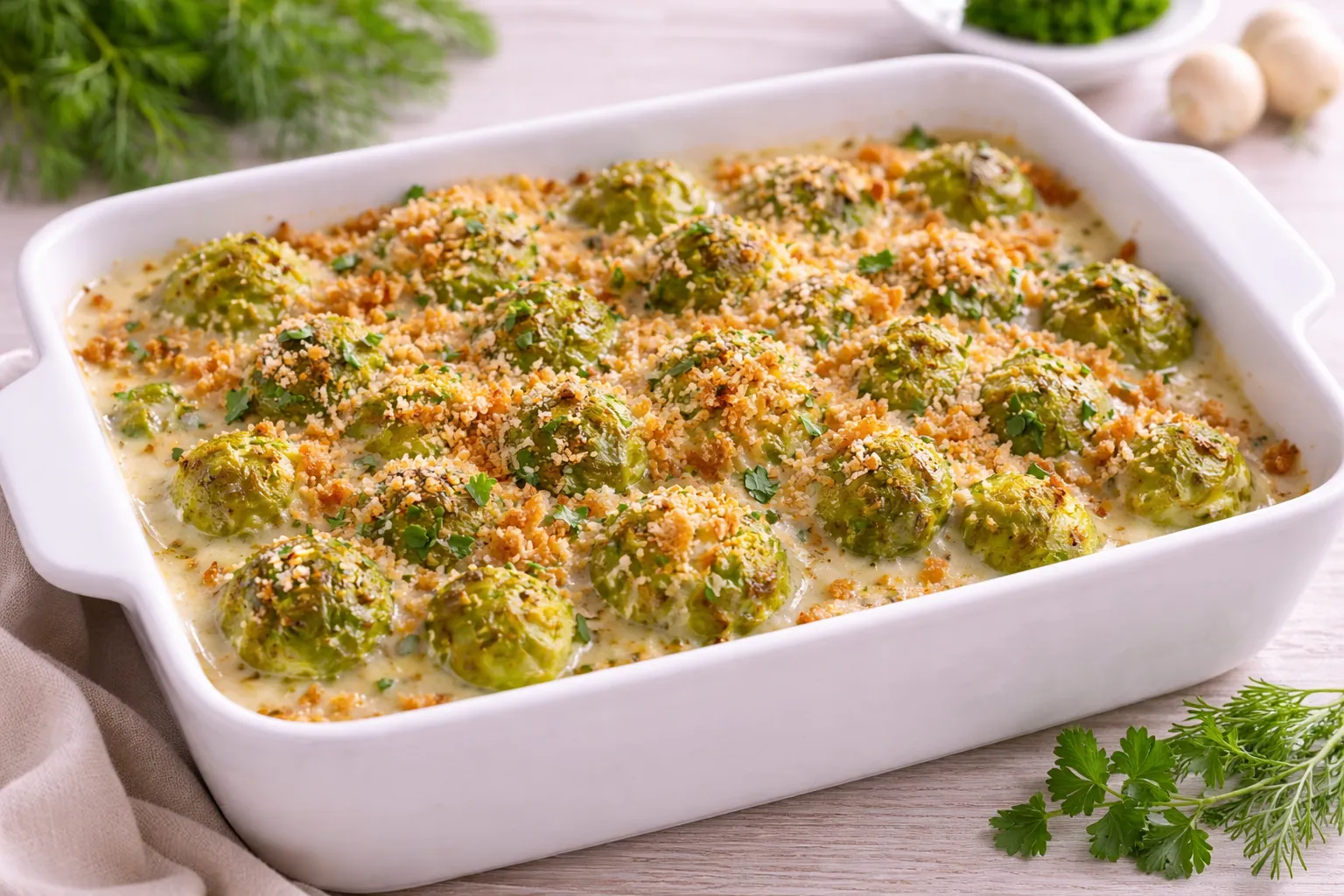 Rosenkohl mit saurer Sahne und knusprigen Semmelbröseln in weißer Auflaufform auf hellem Holztisch