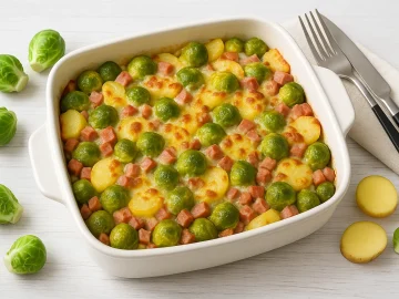 Herzhafter Rosenkohlauflauf in einer feuerfesten Form mit Kartoffeln, Wurst und Käsekruste auf weißem Holzhintergrund.