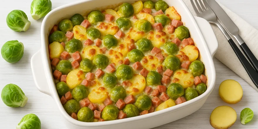 Herzhafter Rosenkohlauflauf in einer feuerfesten Form mit Kartoffeln, Wurst und Käsekruste auf weißem Holzhintergrund.