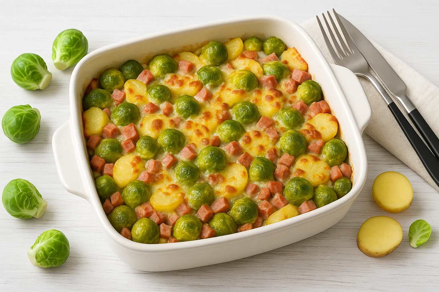 Herzhafter Rosenkohlauflauf in einer feuerfesten Form mit Kartoffeln, Wurst und Käsekruste auf weißem Holzhintergrund.