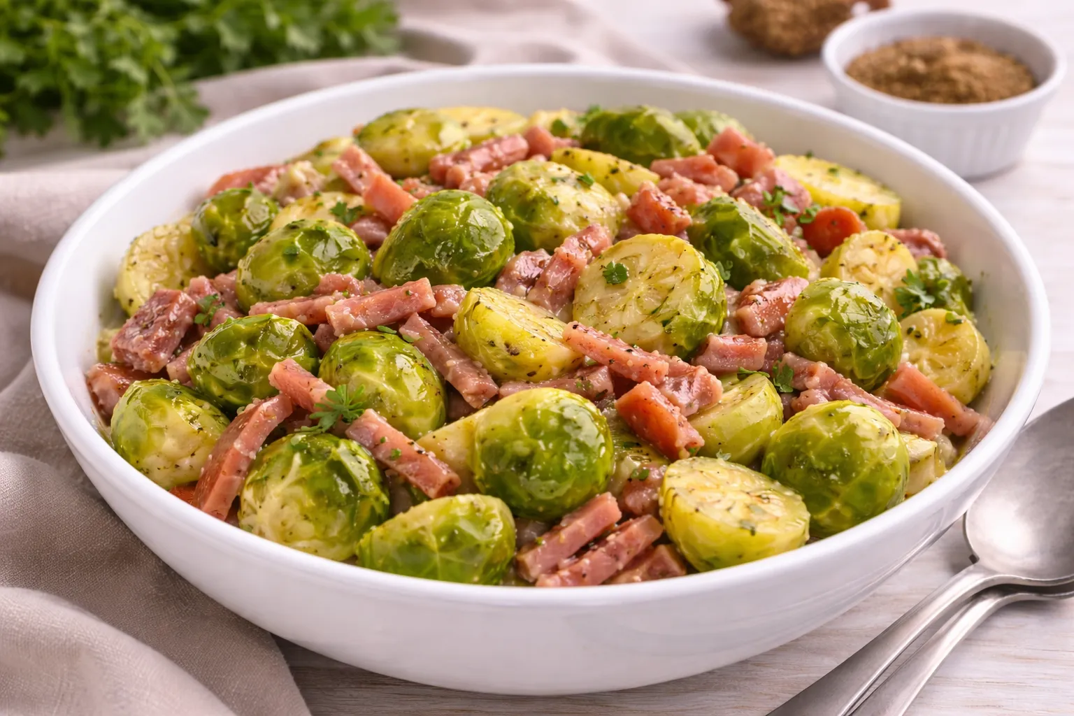 Rosenkohlsalat mit Lachsschinkenstreifen, gewürzter Essig-Öl-Marinade und Kräutern in weißer Schüssel auf hellem Holztisch.