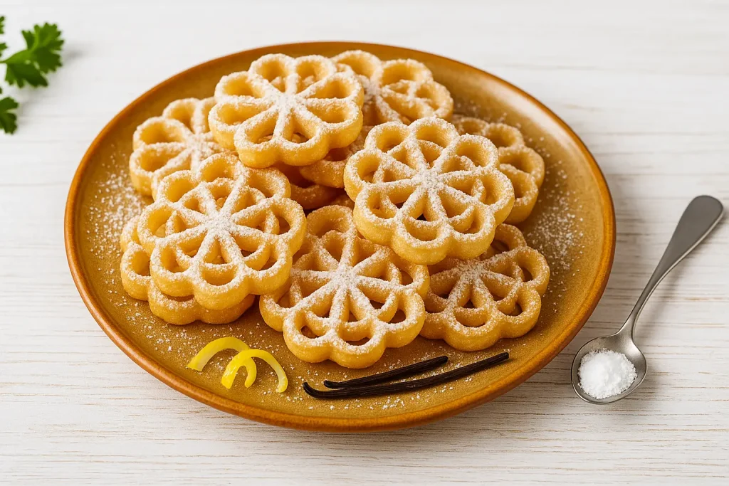 Goldgelbe Rosettenwaffeln mit Puderzucker auf orangefarbenem Teller, dekoriert mit Zitronenzesten und Vanilleschote auf weißem Holzhintergrund.