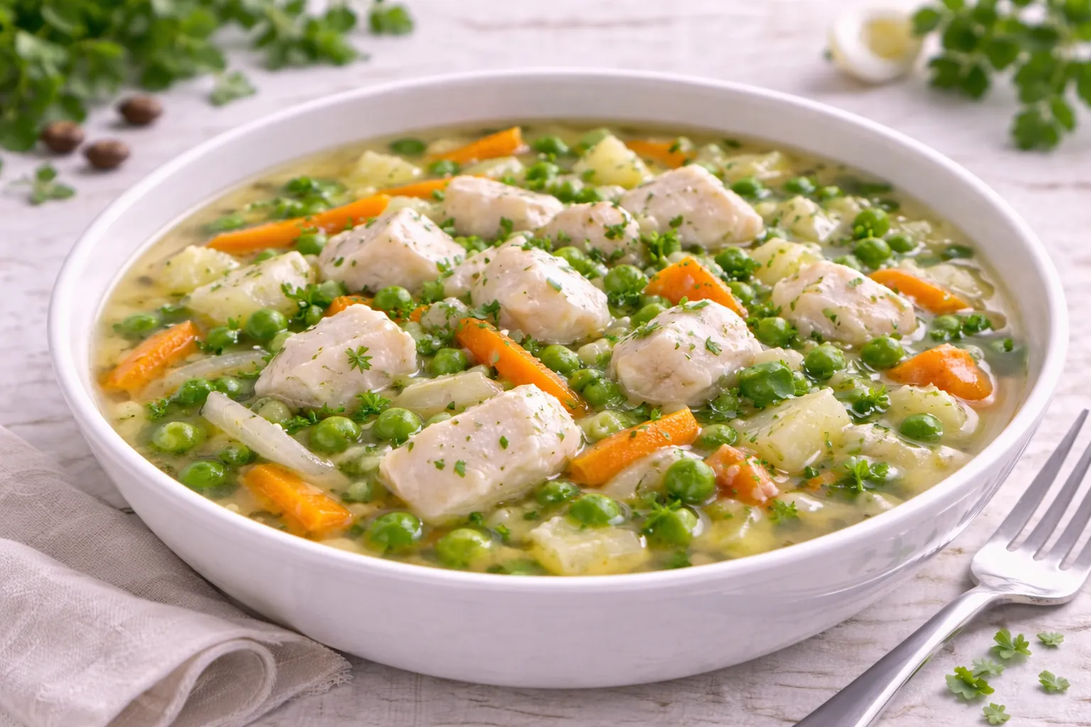 Fischtopf mit Gemüse und Fischstücken in klarer Brühe auf hellem Holzhintergrund