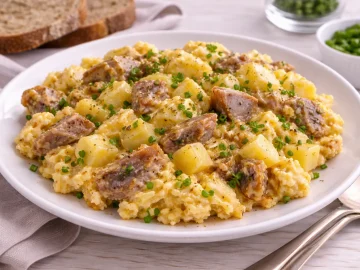 Rostocker Räucherfisch mit Rührei, Käsewürfeln und Schnittlauch auf weißem Teller, serviert mit Brot auf hellem Holztisch.