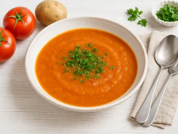 Rote Kartoffelsuppe in weißem tiefen Teller mit frischen Kräutern auf weißem Holztisch