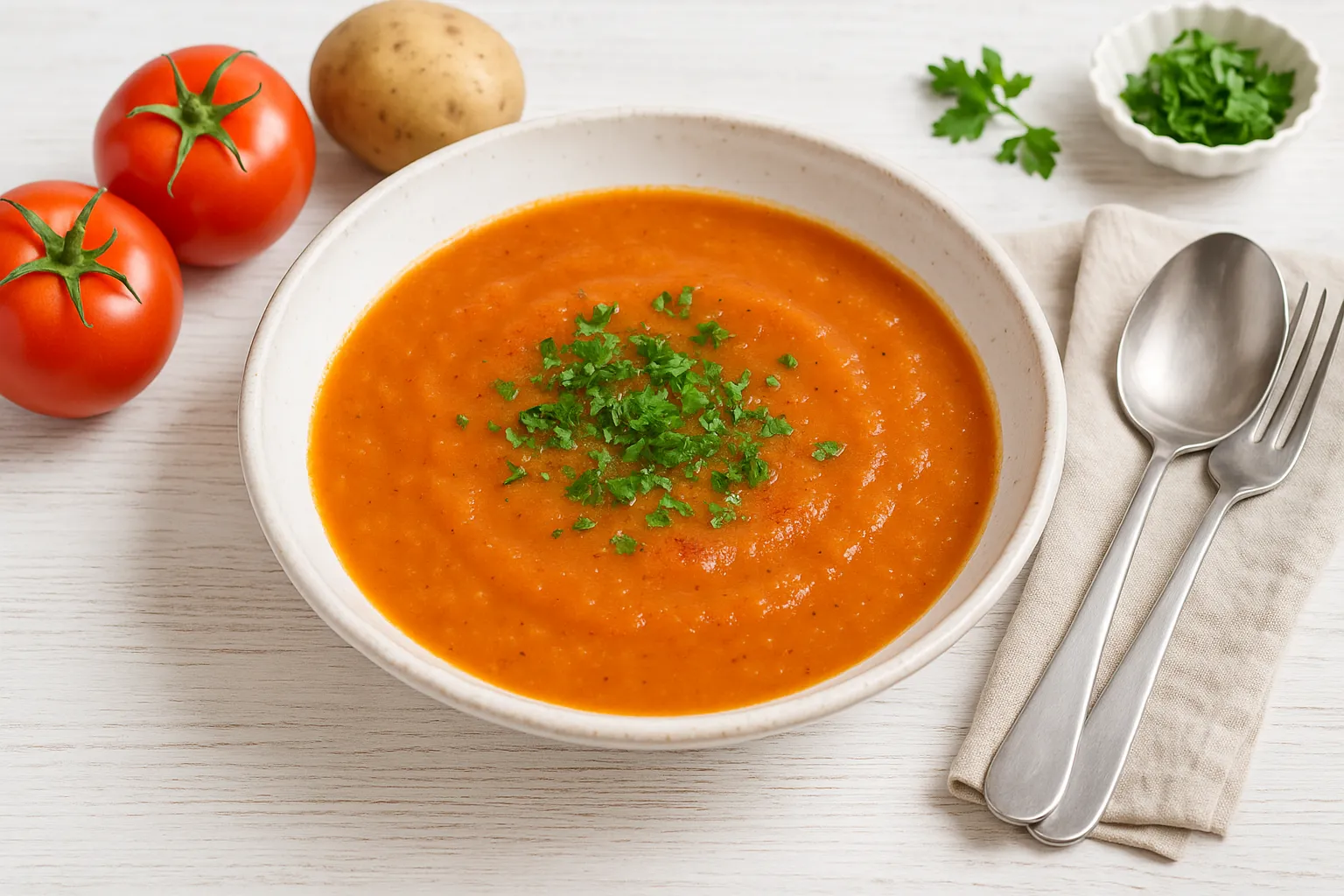 Rote Kartoffelsuppe in weißem tiefen Teller mit frischen Kräutern auf weißem Holztisch