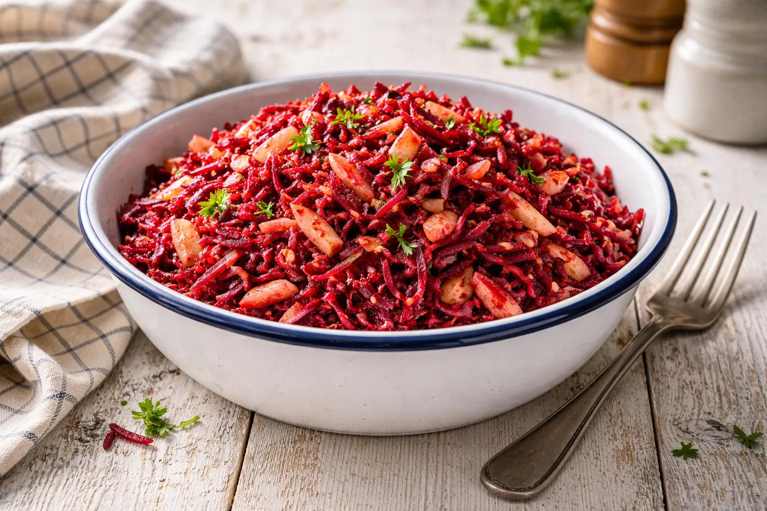 Rote-Rüben-Frischkost mit Apfel in einer Emaille-Schüssel auf weißem Holztisch angerichtet