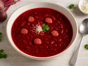 Rote-Rüben-Suppe in weißer Schüssel mit Leberwurstflöckchen und Meerrettich auf hellem Holztisch mit Besteck und Deko
