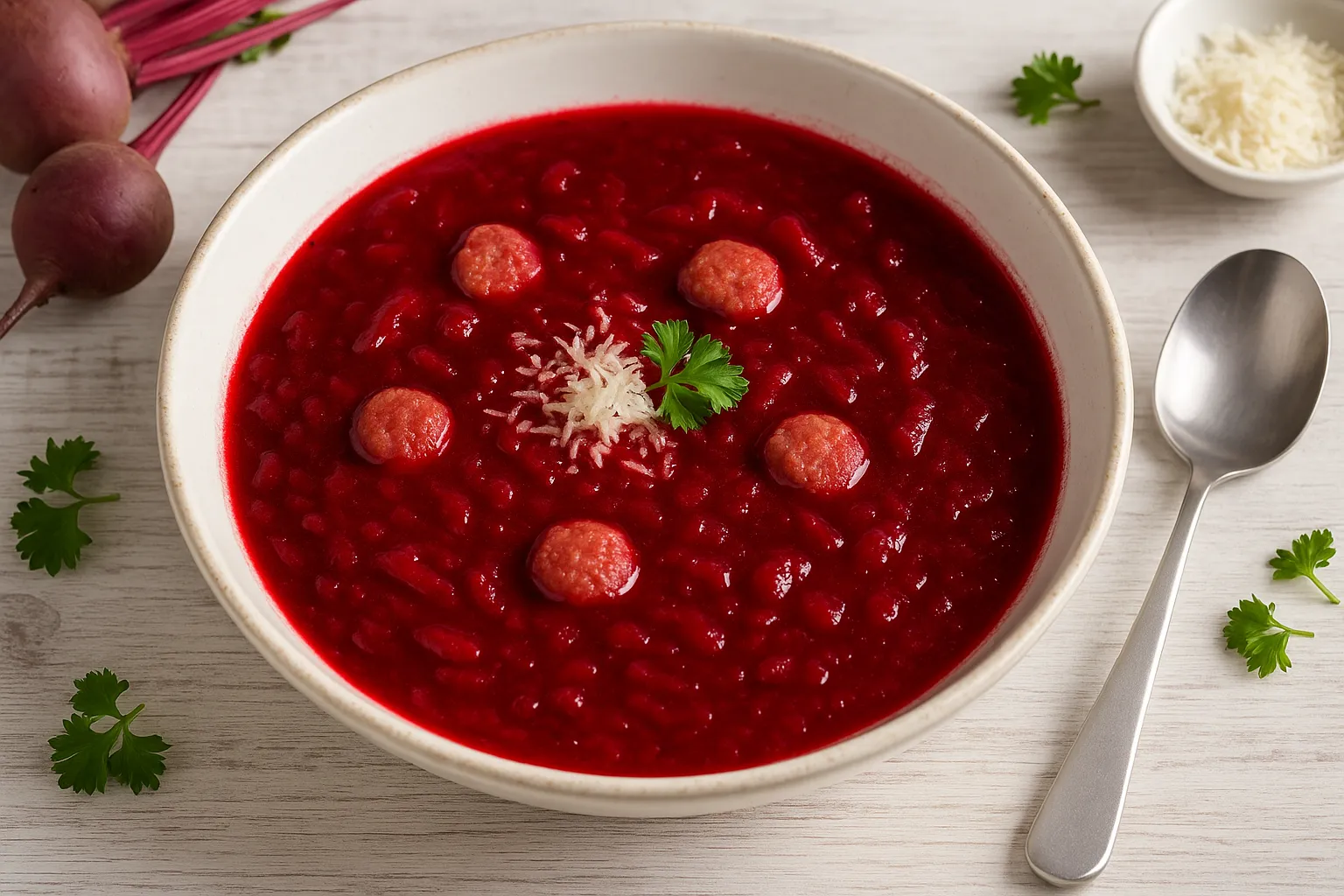 Rote-Rüben-Suppe in weißer Schüssel mit Leberwurstflöckchen und Meerrettich auf hellem Holztisch mit Besteck und Deko