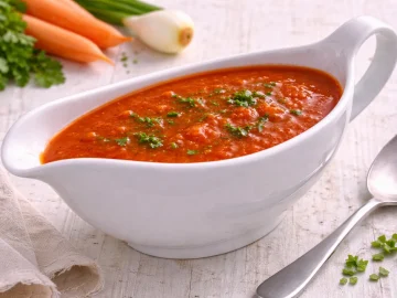 Rote Soße auf Brühebasis mit Tomatenmark in weißer Sauciere auf hellem Holzhintergrund