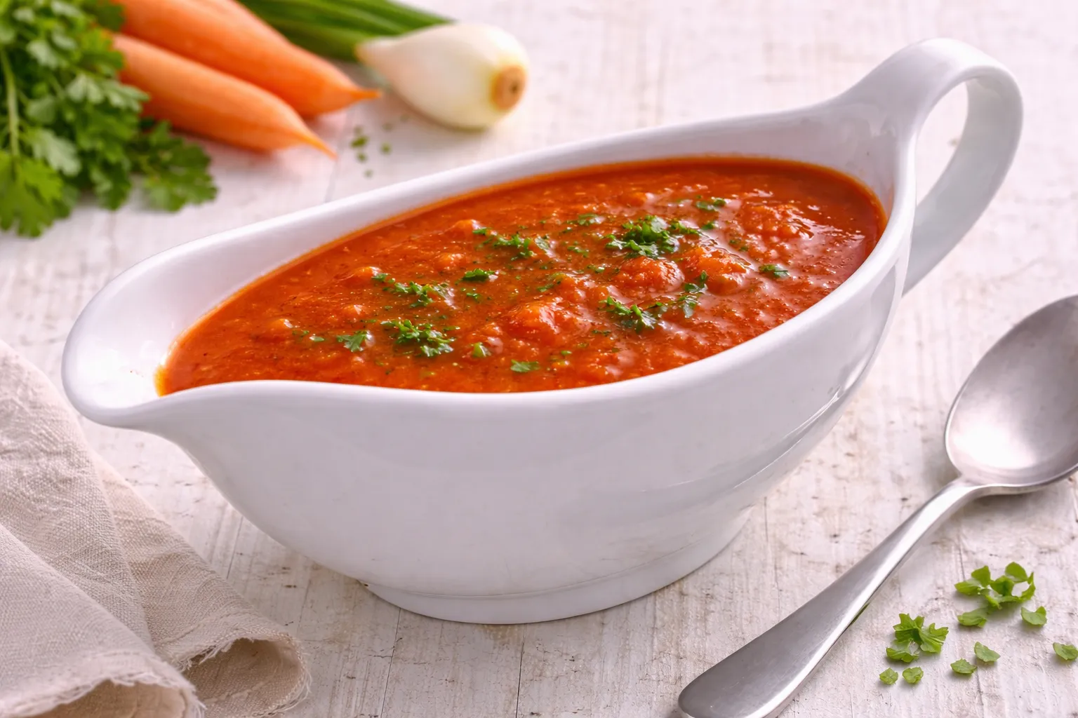 Rote Soße auf Brühebasis mit Tomatenmark in weißer Sauciere auf hellem Holzhintergrund