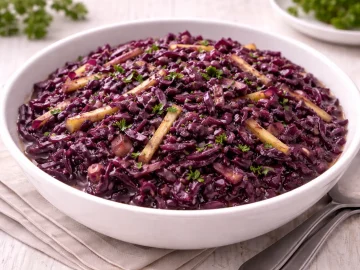 Geschmorter Rotkohl mit Wurzelgemüse im weißen Teller auf hellem Holztisch