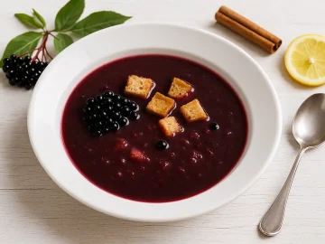 Rotwein-Holunder-Suppe mit Holunderbeeren, Zimt und Zitrone in weißem Teller auf Holztisch