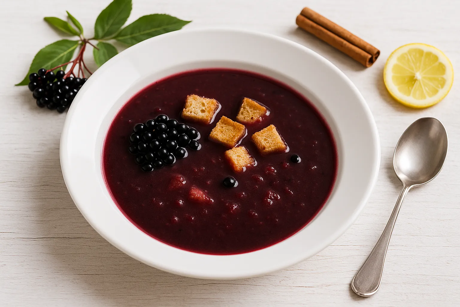 Rotwein-Holunder-Suppe mit Holunderbeeren, Zimt und Zitrone in weißem Teller auf Holztisch