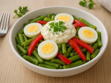 Rumänischer Eiersalat mit Brechbohnen, Ei und marinierter Paprika in weißer Schüssel, dekoriert mit Kräutern, auf hellem Holz.