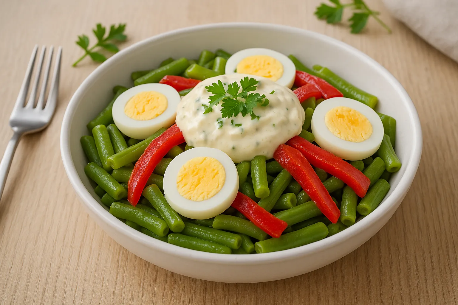 Rumänischer Eiersalat mit Brechbohnen, Ei und marinierter Paprika in weißer Schüssel, dekoriert mit Kräutern, auf hellem Holz.