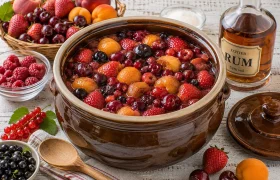 Großer Steinguttopf mit Rumtopf aus Erdbeeren, Kirschen, Aprikosen und Pflaumen.