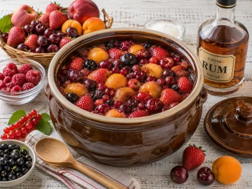 Großer Steinguttopf mit Rumtopf aus Erdbeeren, Kirschen, Aprikosen und Pflaumen.