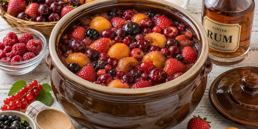 Großer Steinguttopf mit Rumtopf aus Erdbeeren, Kirschen, Aprikosen und Pflaumen.