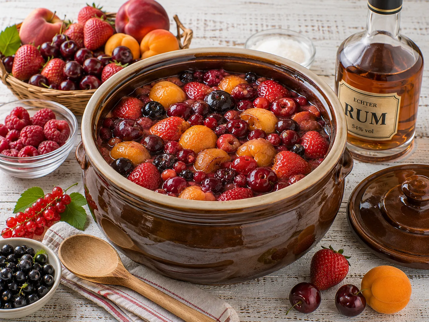 Großer Steinguttopf mit Rumtopf aus Erdbeeren, Kirschen, Aprikosen und Pflaumen.