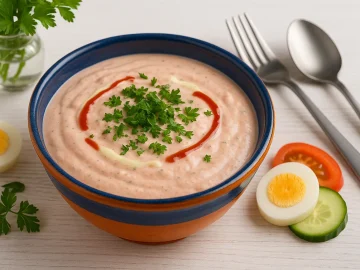 Schale mit cremiger Russischer Soße, garniert mit Kräutern, auf weißem Holztisch mit modernem Besteck und Deko.