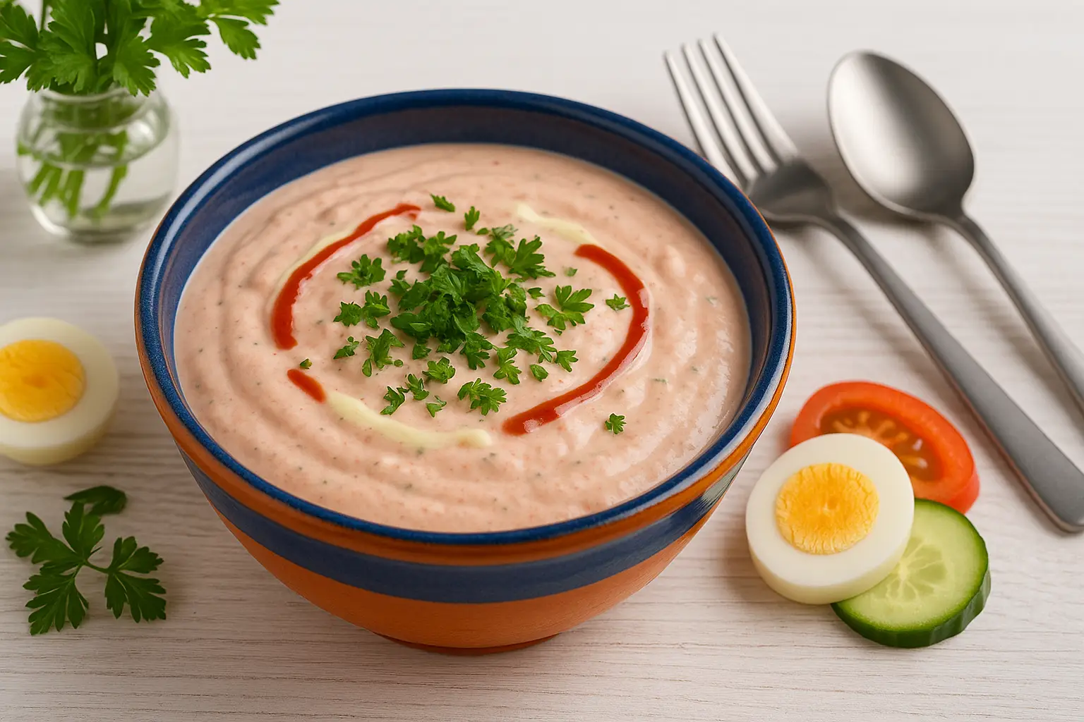  Schale mit cremiger Russischer Soße, garniert mit Kräutern, auf weißem Holztisch mit modernem Besteck und Deko.